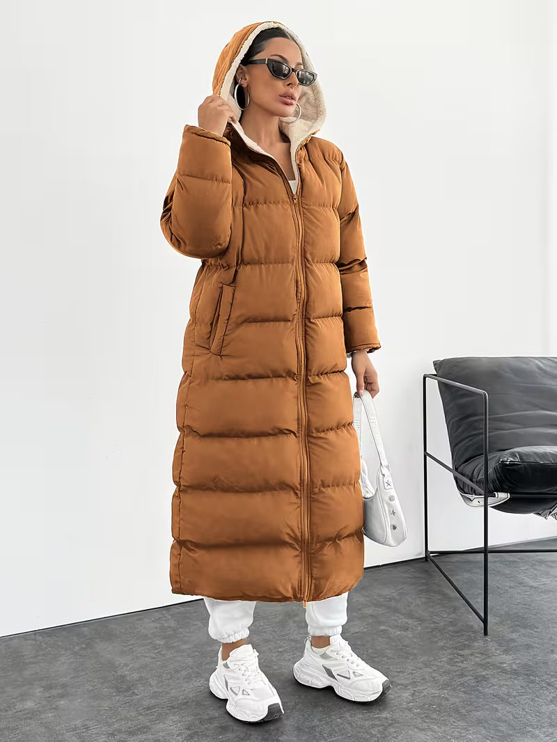 Women's Maxi Puffer Coat with Sherpa Lined Hood and Zip Front