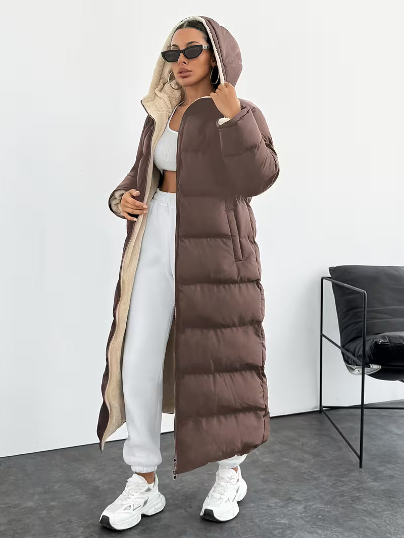Women's Maxi Puffer Coat with Sherpa Lined Hood and Zip Front