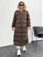 Women's Maxi Puffer Coat with Sherpa Lined Hood and Zip Front