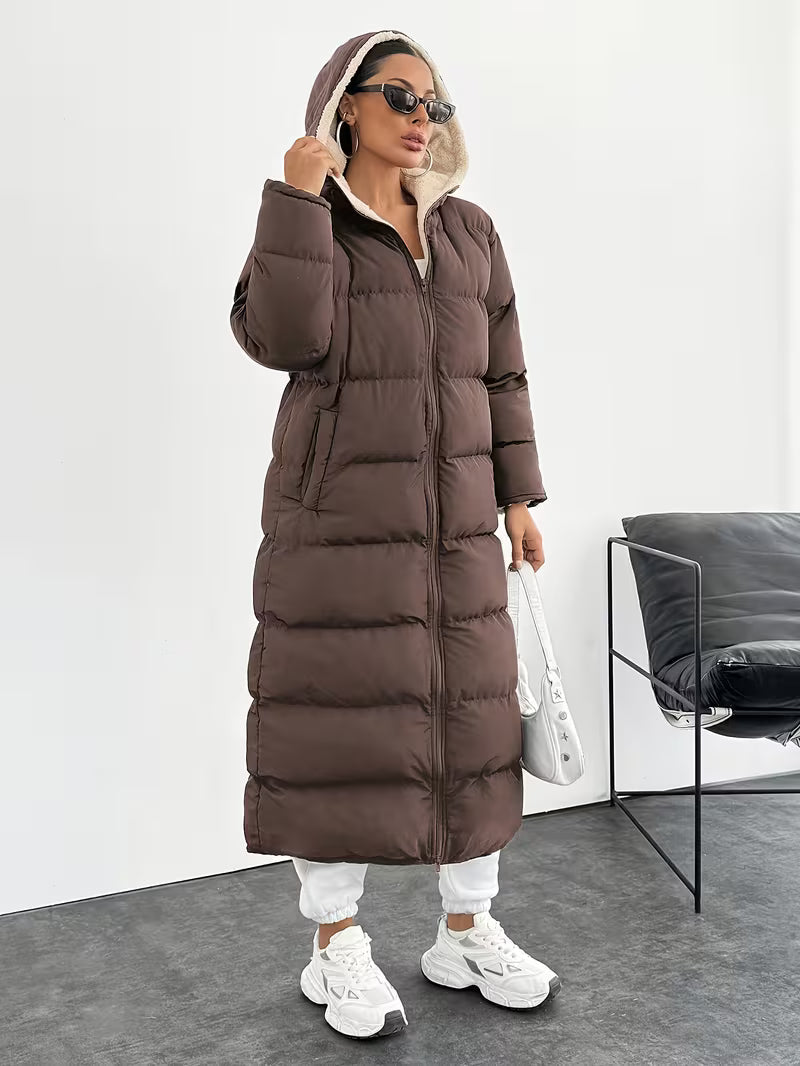 Women's Maxi Puffer Coat with Sherpa Lined Hood and Zip Front