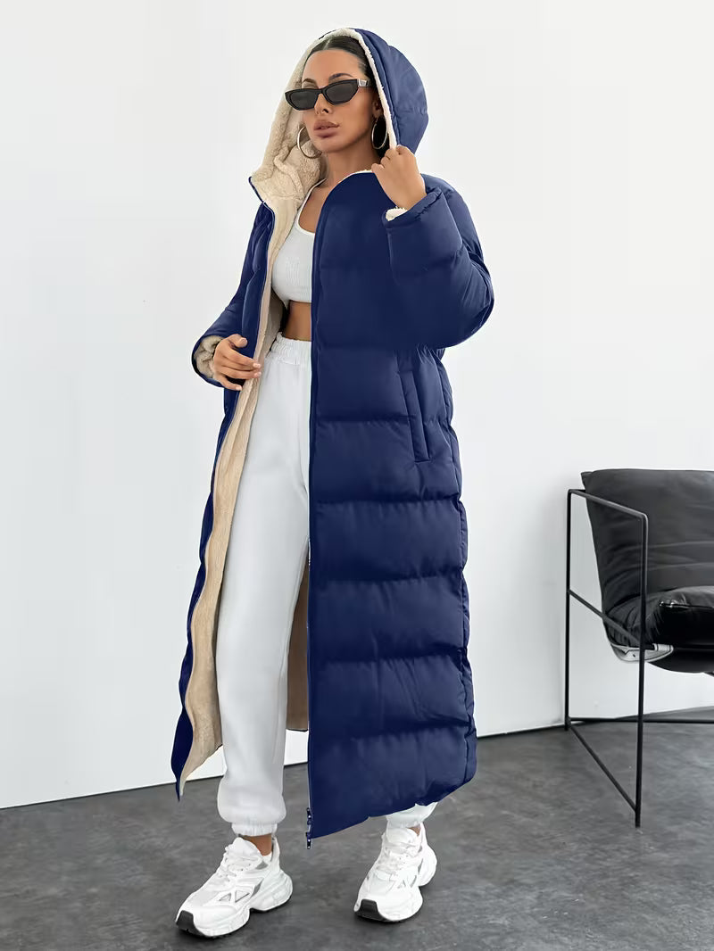 Women's Maxi Puffer Coat with Sherpa Lined Hood and Zip Front