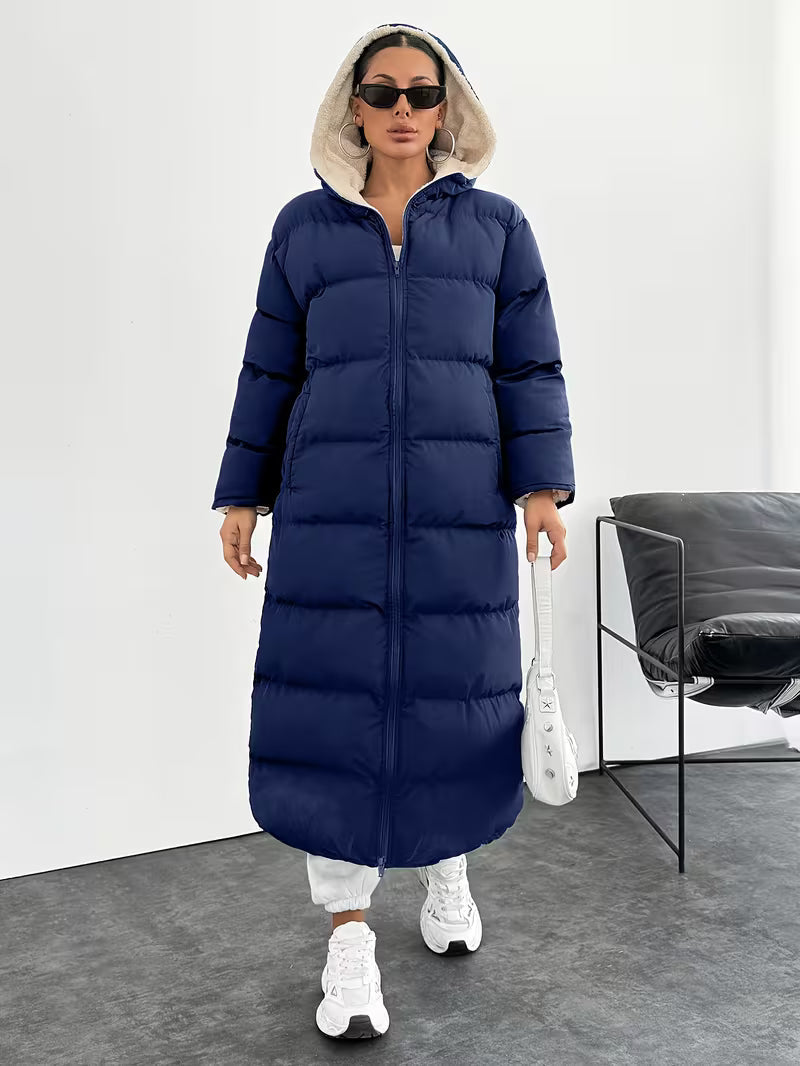 Women's Maxi Puffer Coat with Sherpa Lined Hood and Zip Front