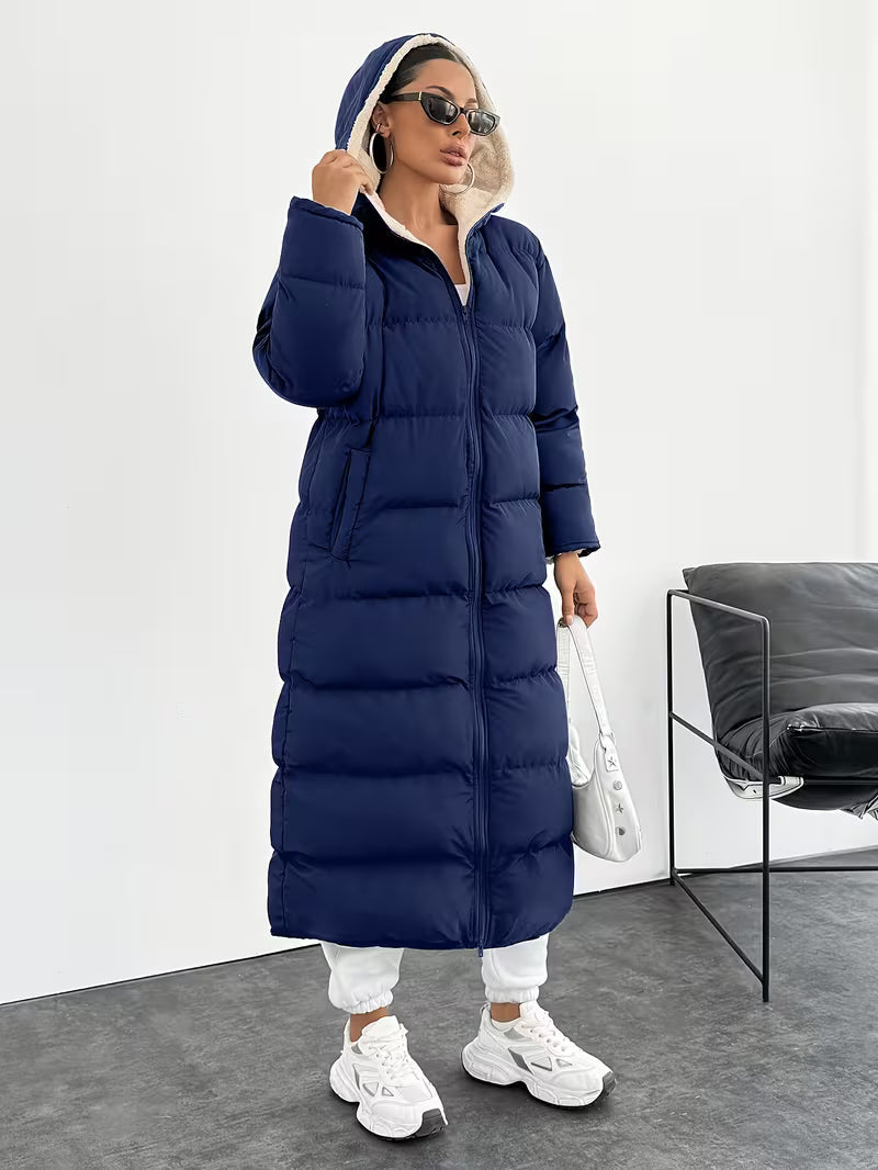Women's Maxi Puffer Coat with Sherpa Lined Hood and Zip Front