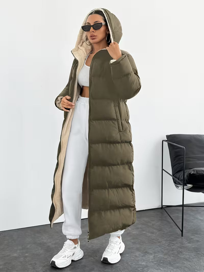 Women's Maxi Puffer Coat with Sherpa Lined Hood and Zip Front