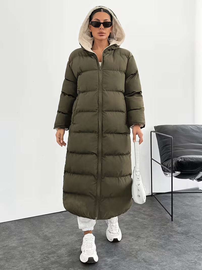 Women's Maxi Puffer Coat with Sherpa Lined Hood and Zip Front