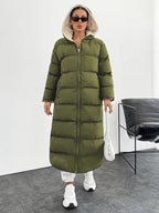 Women's Maxi Puffer Coat with Sherpa Lined Hood and Zip Front