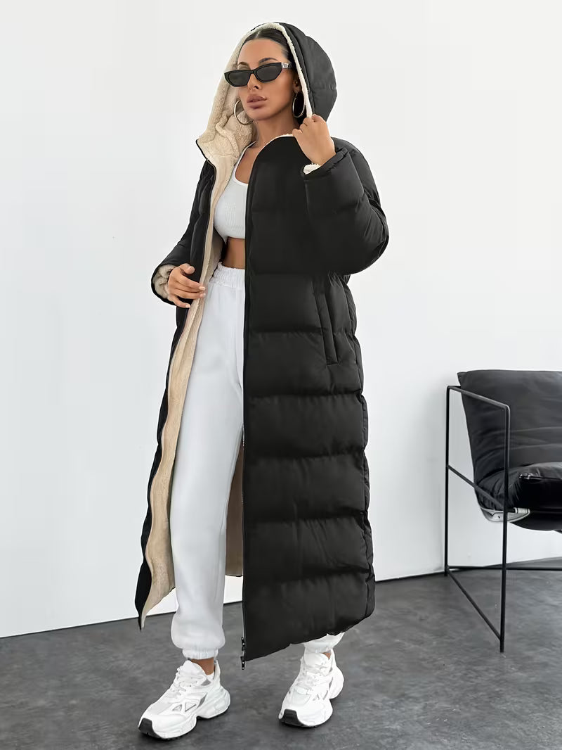Women's Maxi Puffer Coat with Sherpa Lined Hood and Zip Front