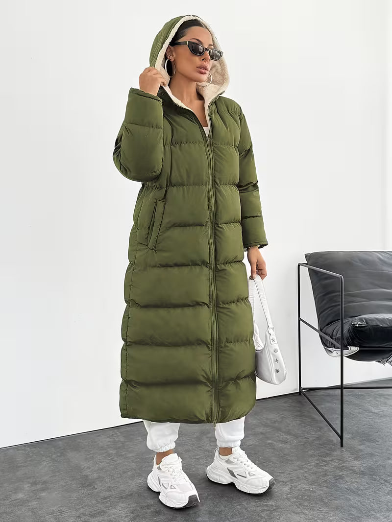 Women's Maxi Puffer Coat with Sherpa Lined Hood and Zip Front