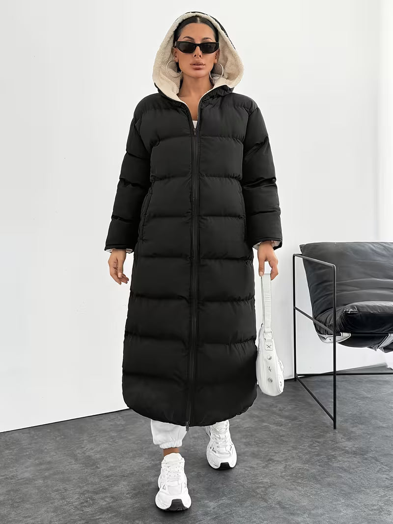 Women's Maxi Puffer Coat with Sherpa Lined Hood and Zip Front