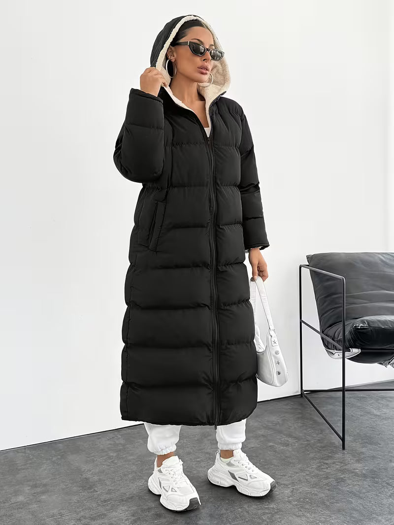 Women's Maxi Puffer Coat with Sherpa Lined Hood and Zip Front