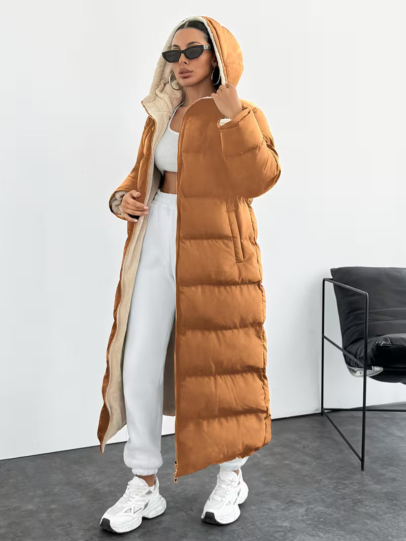 Women's Maxi Puffer Coat with Sherpa Lined Hood and Zip Front