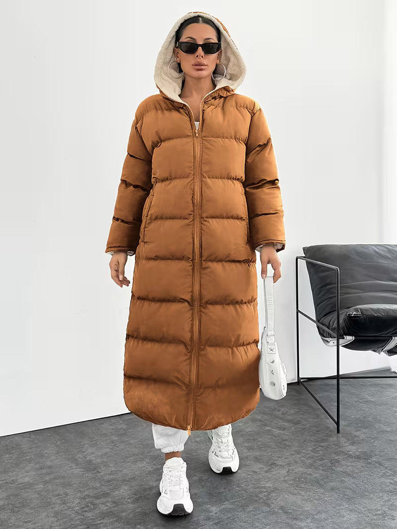 Women's Maxi Puffer Coat with Sherpa Lined Hood and Zip Front