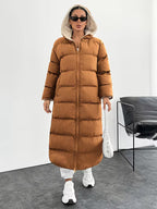 Women's Maxi Puffer Coat with Sherpa Lined Hood and Zip Front