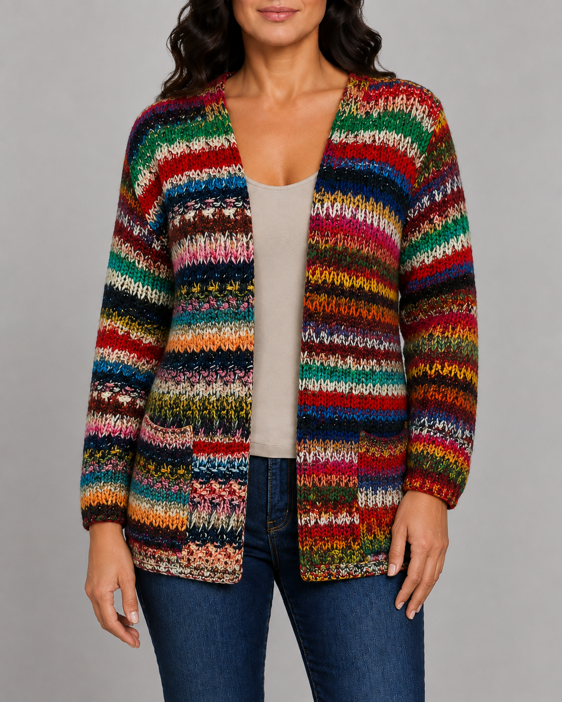 Women's Multicolour Knit Long Sleeve Open Front Cardigan