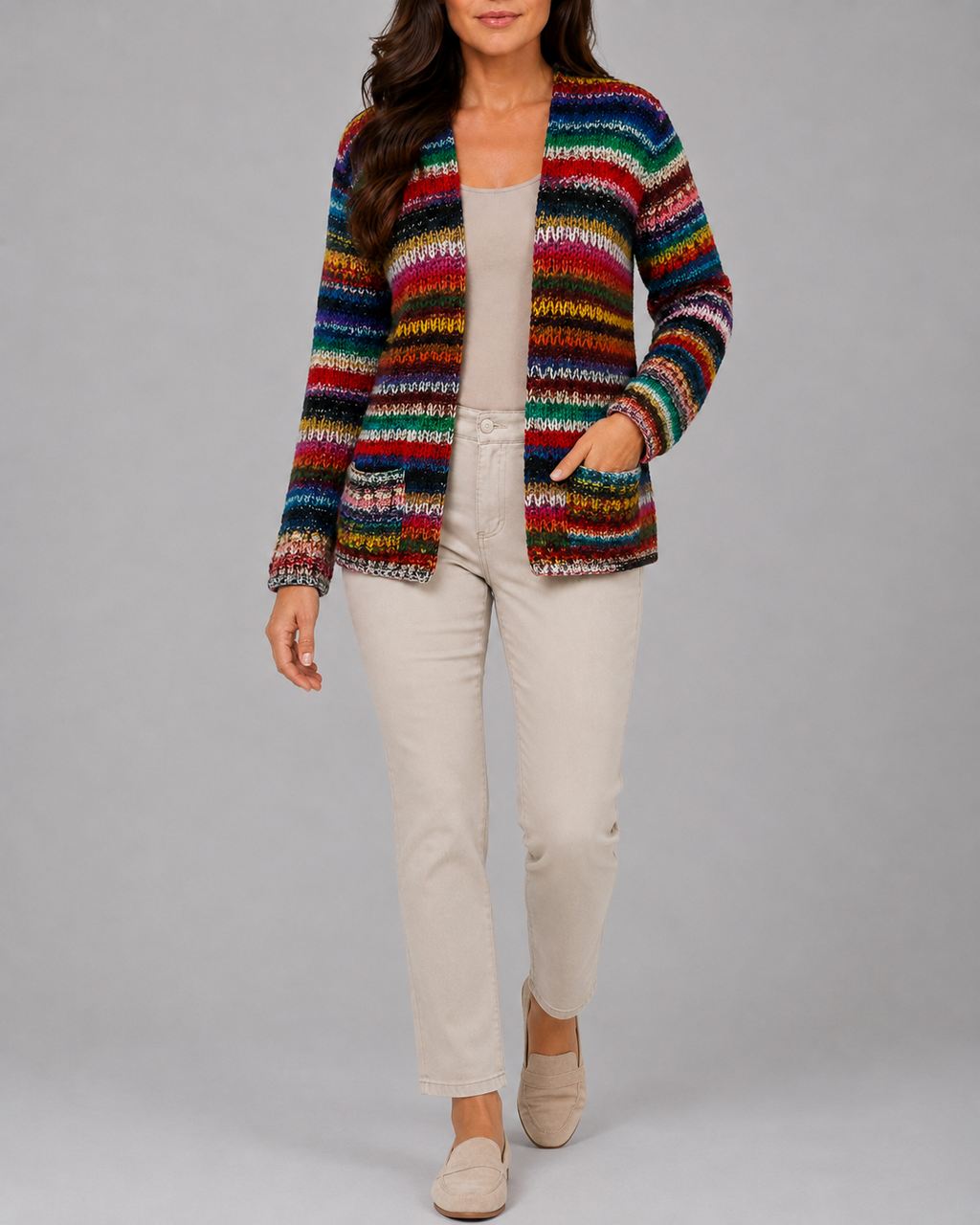 Women's Multicolour Knit Long Sleeve Open Front Cardigan