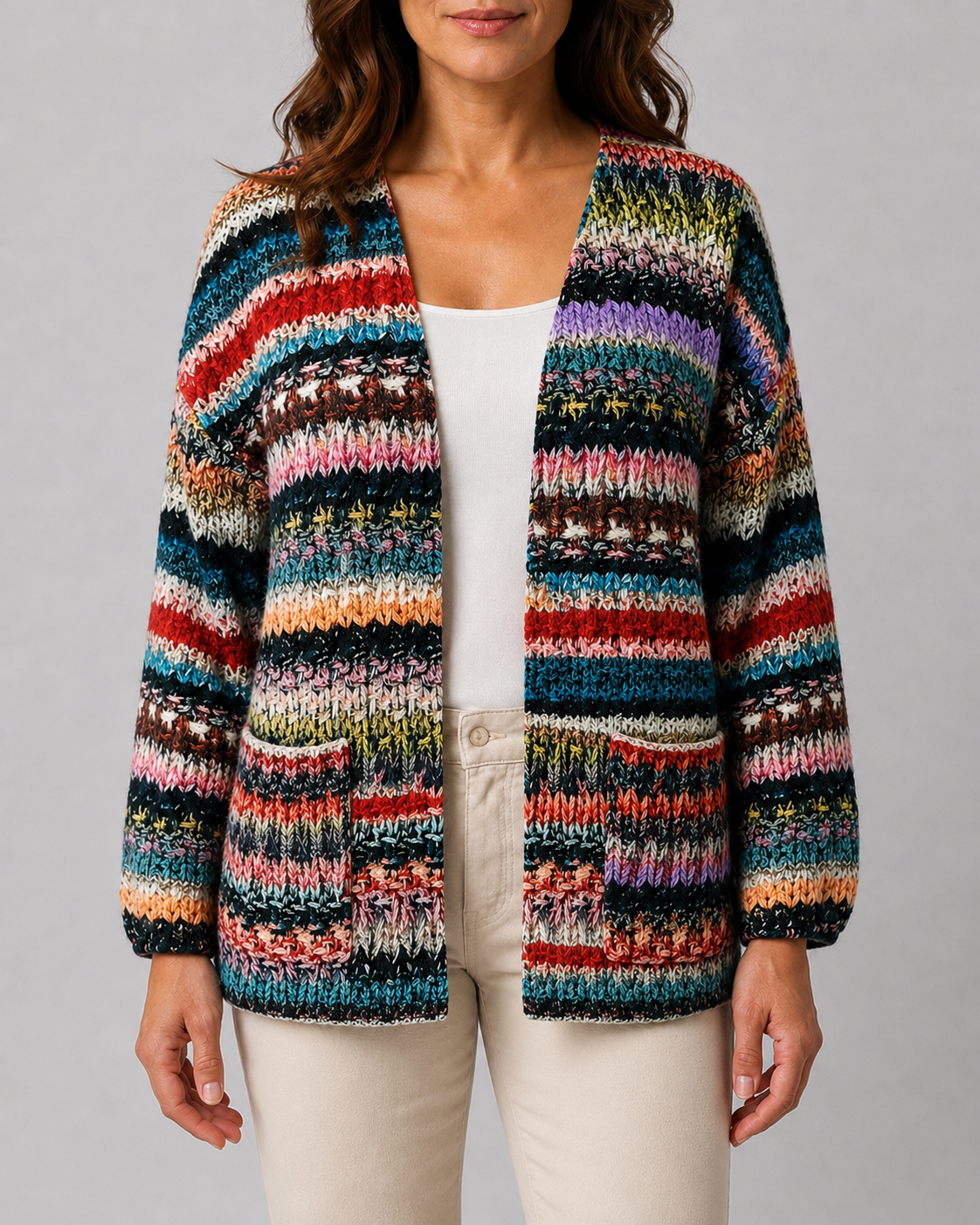 Women's Multicolour Knit Long Sleeve Open Front Cardigan