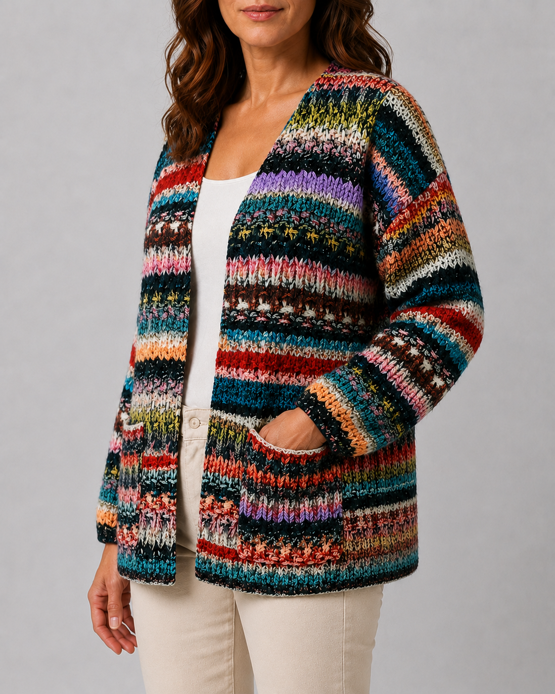 Women's Multicolour Knit Long Sleeve Open Front Cardigan