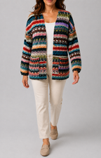 Women's Multicolour Knit Long Sleeve Open Front Cardigan