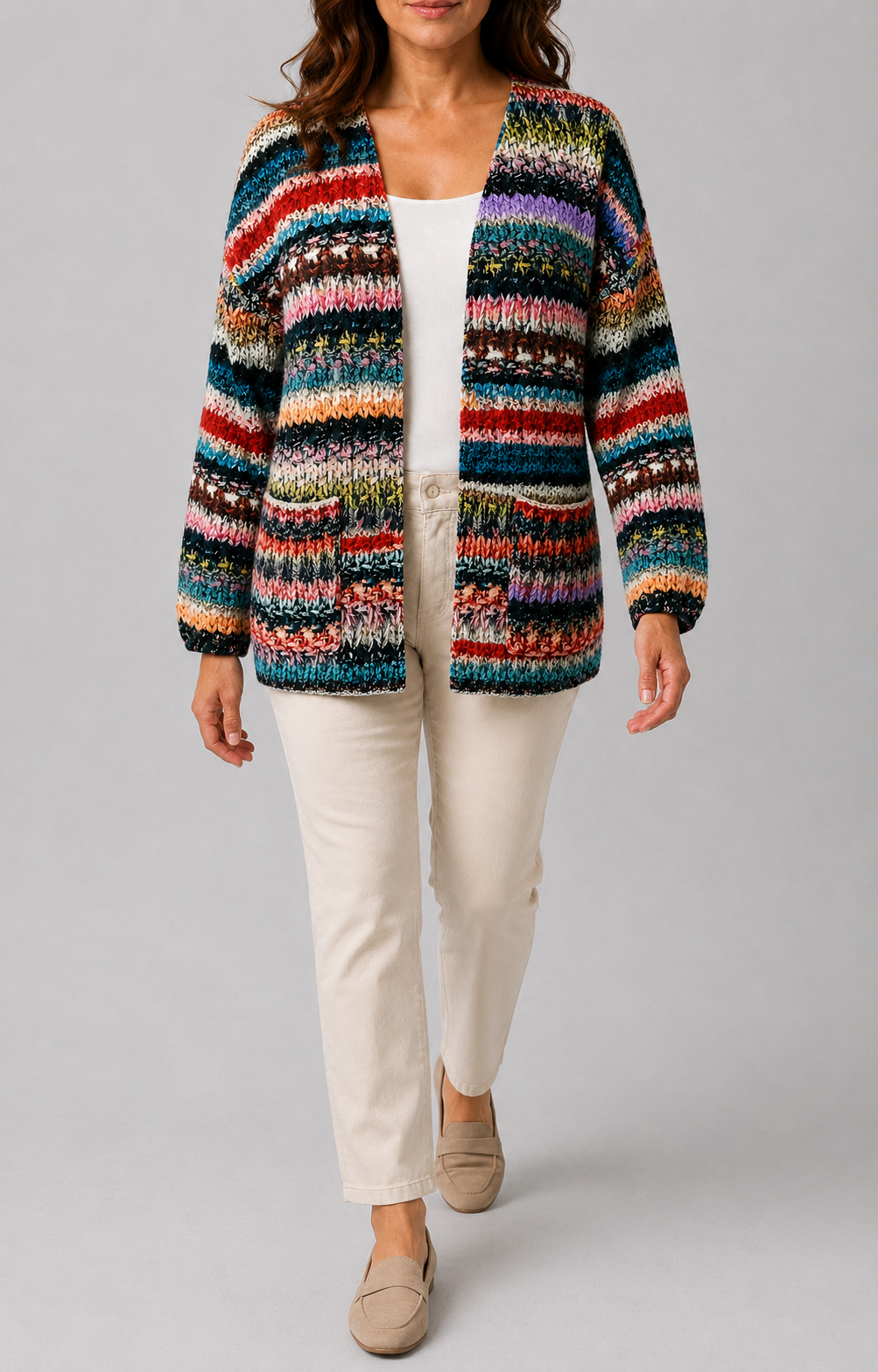 Women's Multicolour Knit Long Sleeve Open Front Cardigan