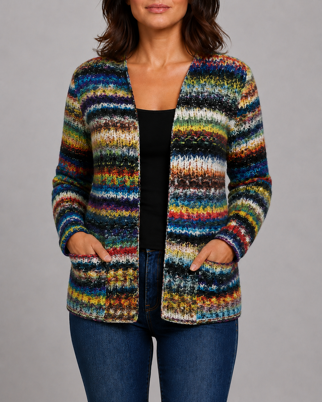 Women's Multicolour Knit Long Sleeve Open Front Cardigan