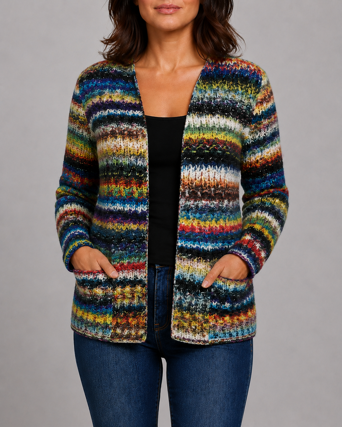 Women's Multicolour Knit Long Sleeve Open Front Cardigan