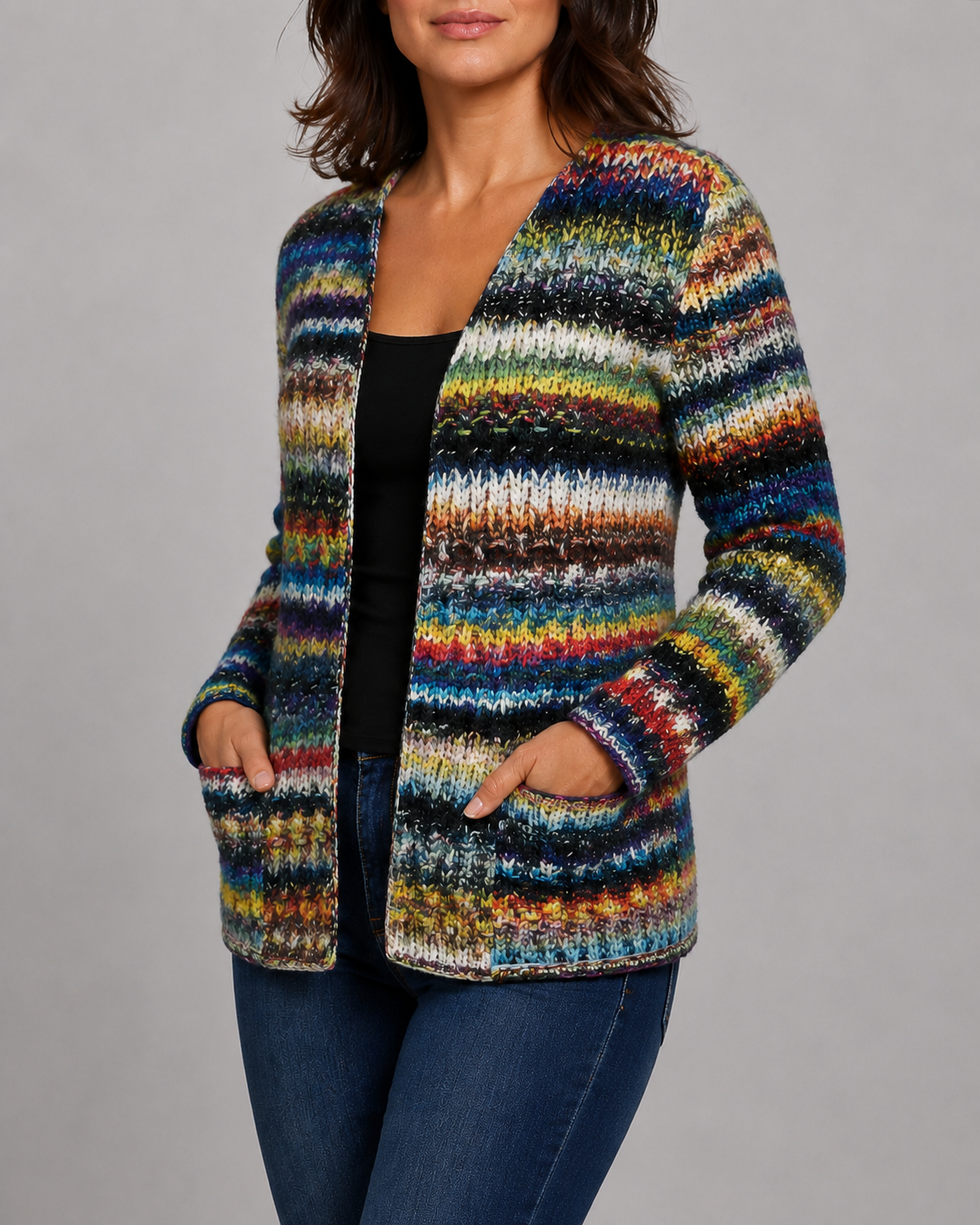Women's Multicolour Knit Long Sleeve Open Front Cardigan