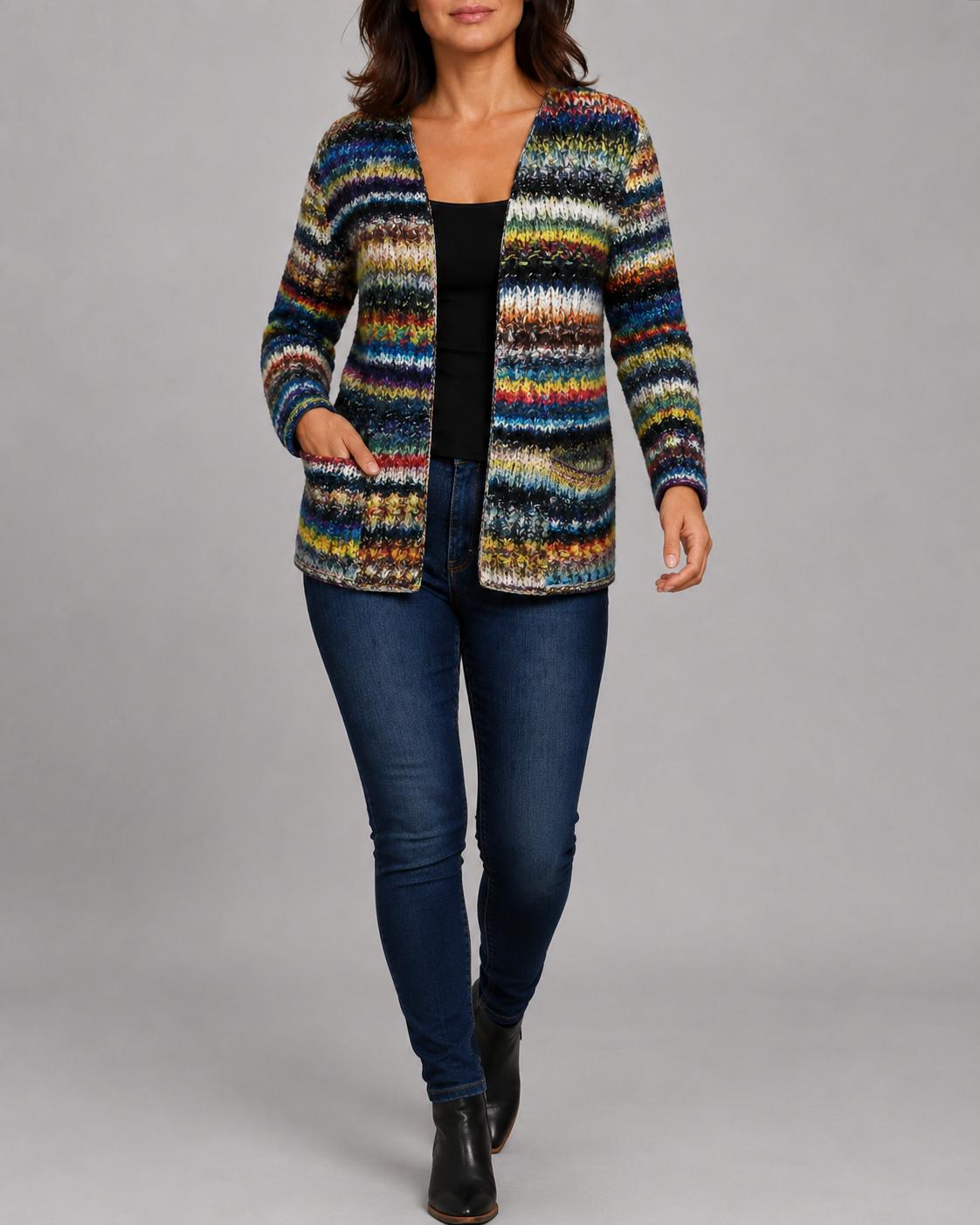 Women's Multicolour Knit Long Sleeve Open Front Cardigan