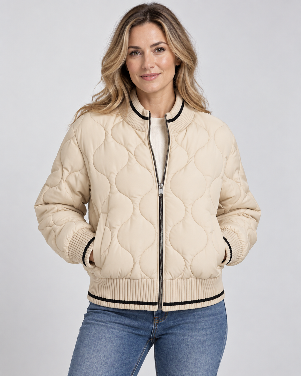 Women's Onion Quilted Bomber Jacket with Zip Front and Ribbed Trims