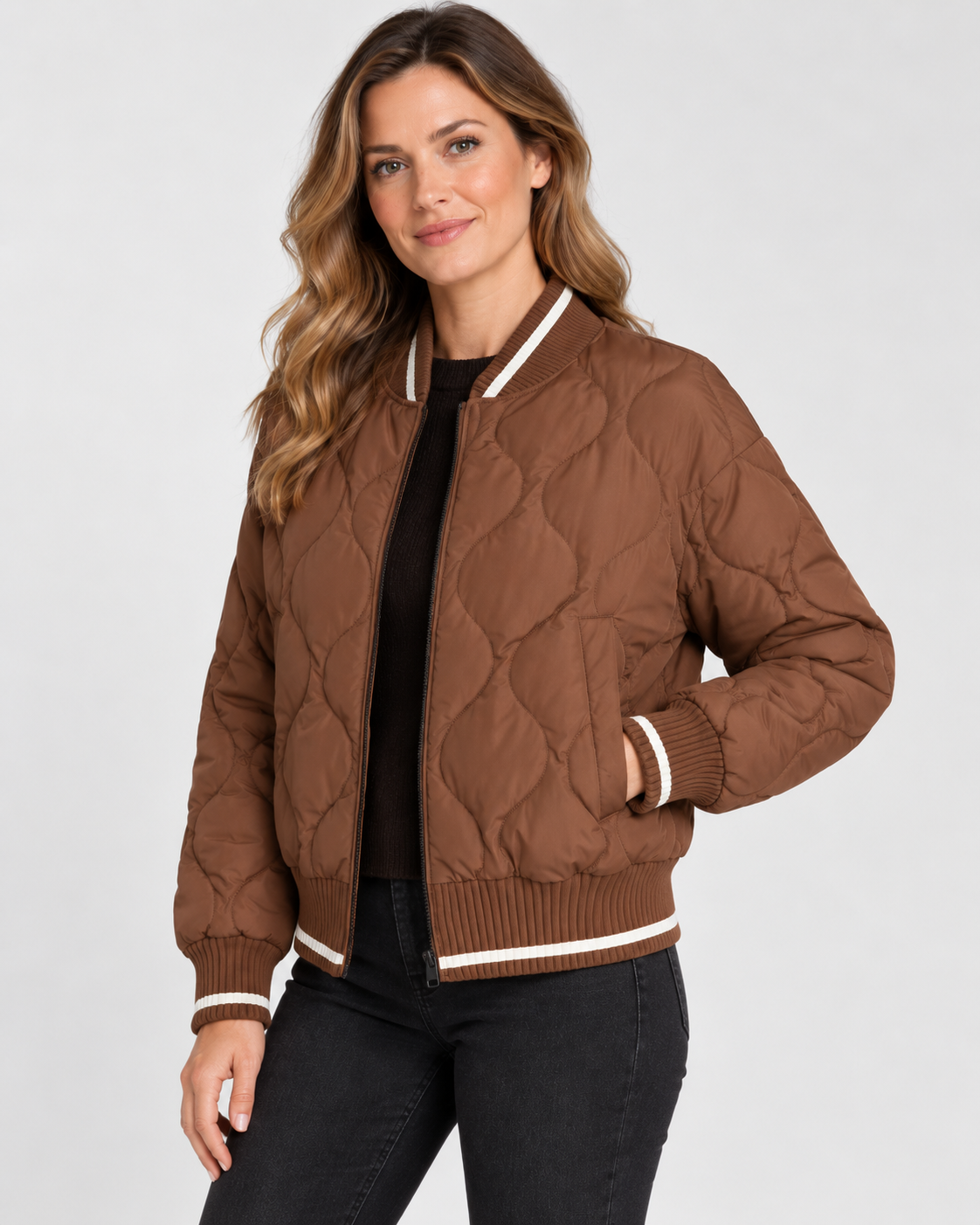 Women's Onion Quilted Bomber Jacket with Zip Front and Ribbed Trims