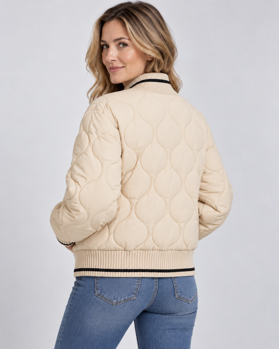 Women's Onion Quilted Bomber Jacket with Zip Front and Ribbed Trims
