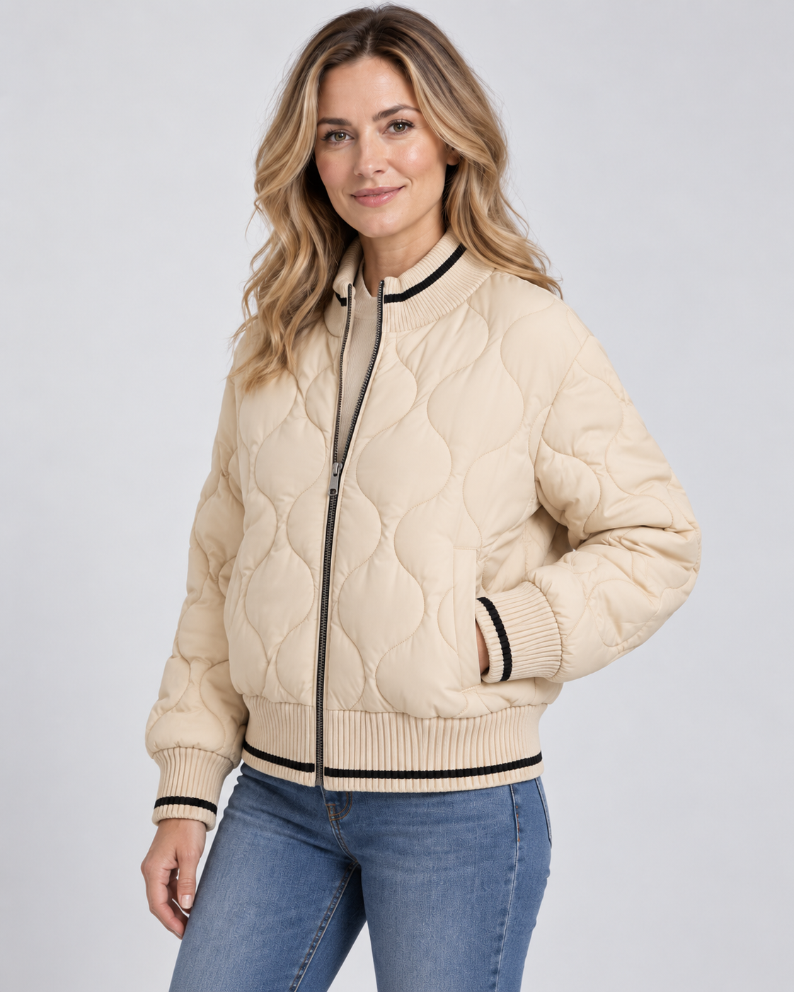 Women's Onion Quilted Bomber Jacket with Zip Front and Ribbed Trims