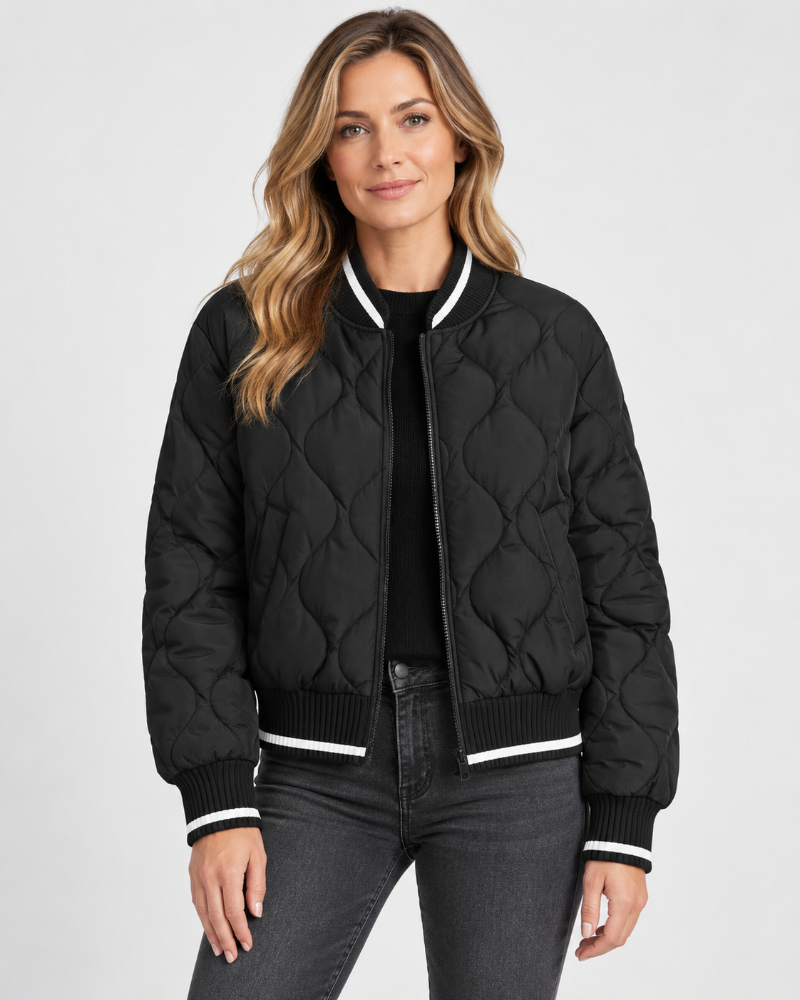 Women's Onion Quilted Bomber Jacket with Zip Front and Ribbed Trims