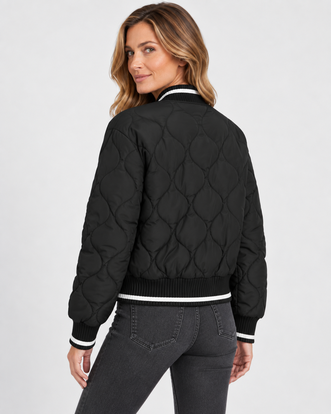 Women's Onion Quilted Bomber Jacket with Zip Front and Ribbed Trims