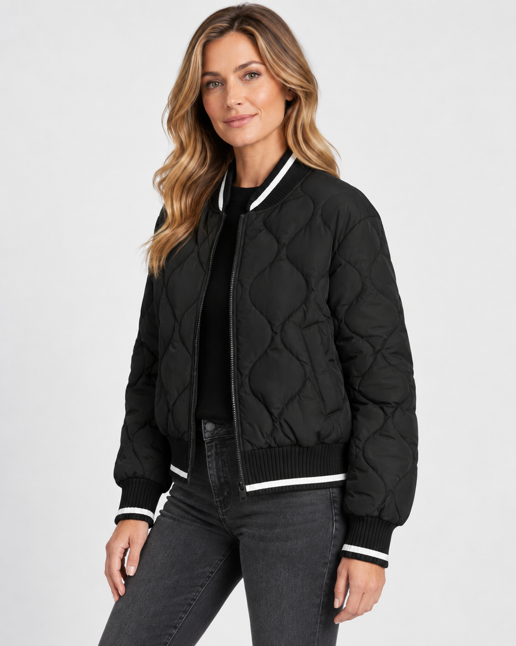 Women's Onion Quilted Bomber Jacket with Zip Front and Ribbed Trims