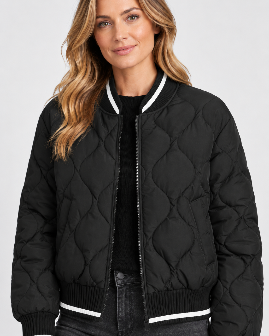 Women's Onion Quilted Bomber Jacket with Zip Front and Ribbed Trims