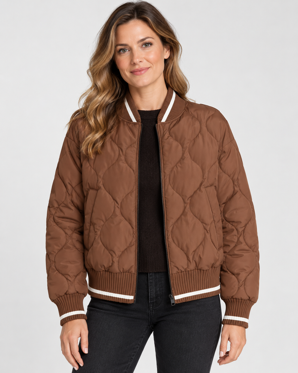 Women's Onion Quilted Bomber Jacket with Zip Front and Ribbed Trims