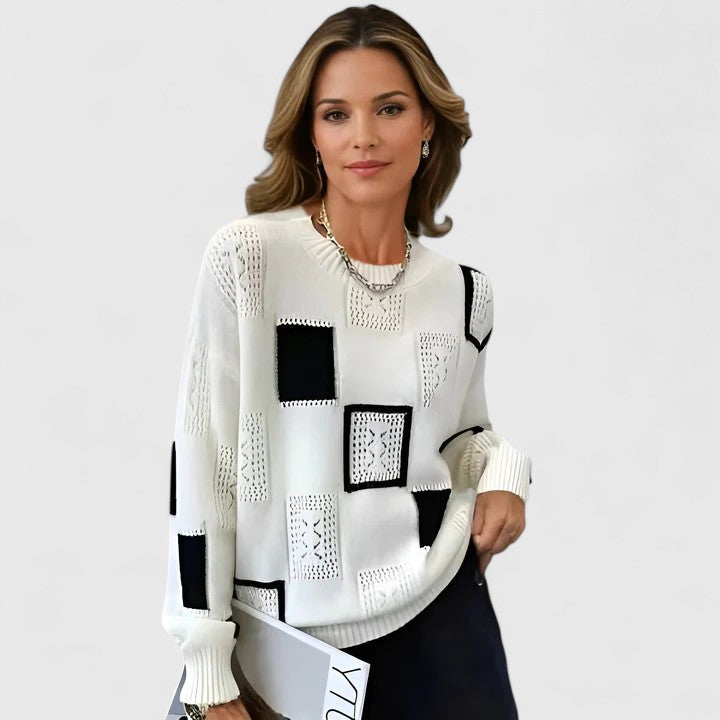 Women's Openwork Patchwork Knit Jumper with Round Neck