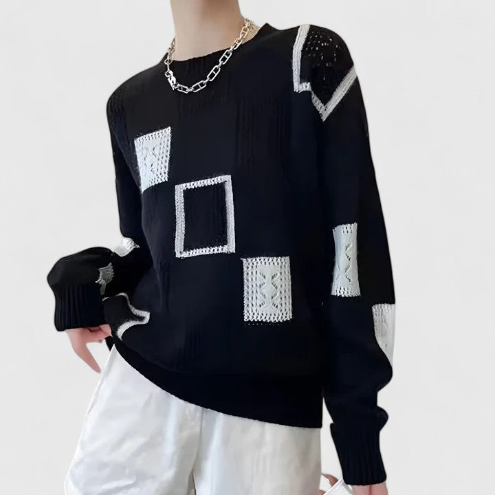 Women's Openwork Patchwork Knit Jumper with Round Neck
