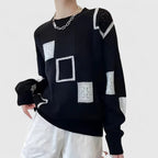 Women's Openwork Patchwork Knit Jumper with Round Neck