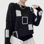 Women's Openwork Patchwork Knit Jumper with Round Neck