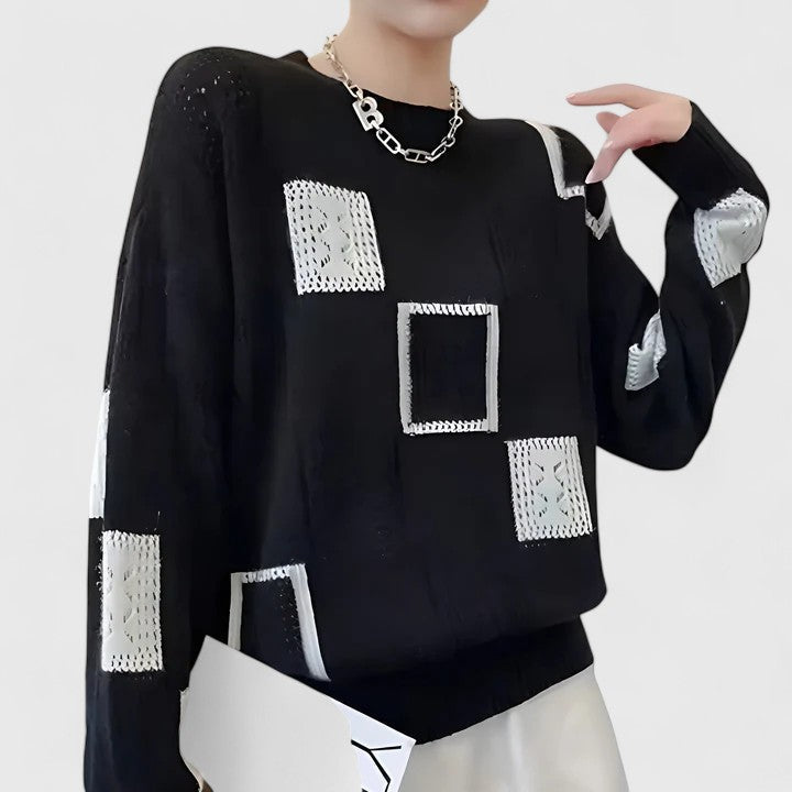 Women's Openwork Patchwork Knit Jumper with Round Neck