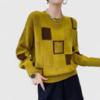 Women's Openwork Patchwork Knit Jumper with Round Neck