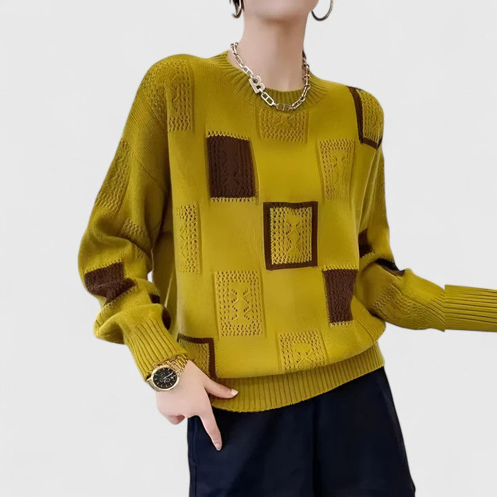 Women's Openwork Patchwork Knit Jumper with Round Neck
