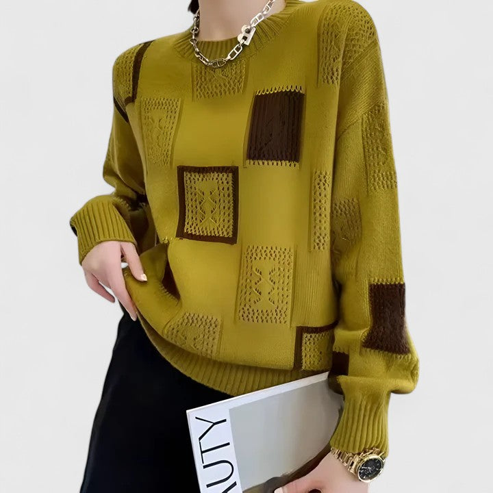 Women's Openwork Patchwork Knit Jumper with Round Neck