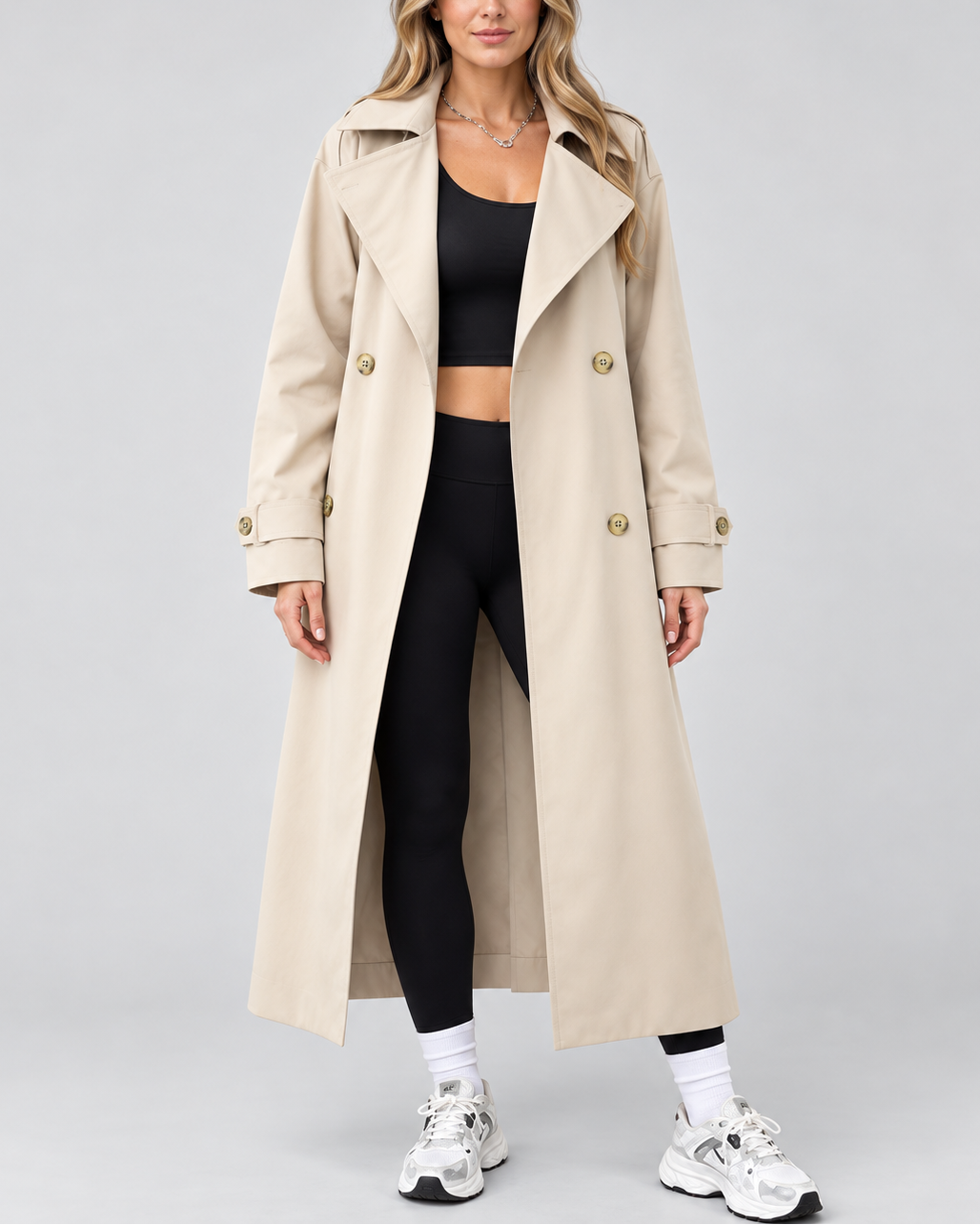 Women's Long Belted Trench Coat with Double Breasted Front