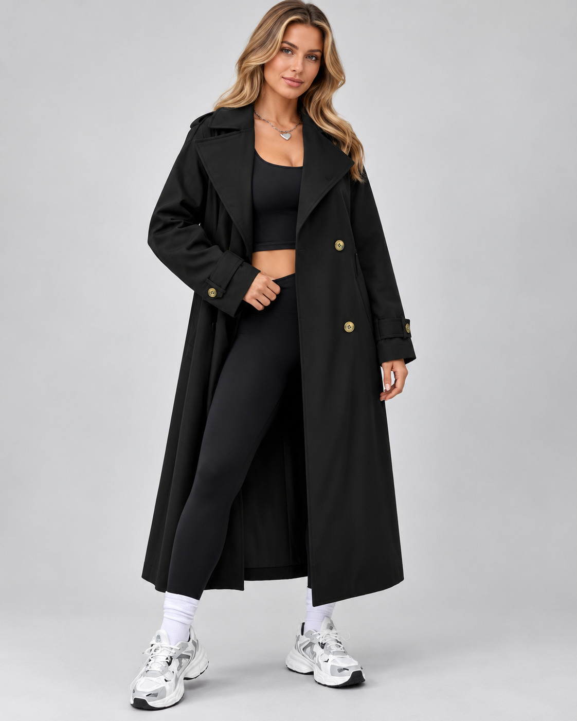 Black double breasted trench coat front