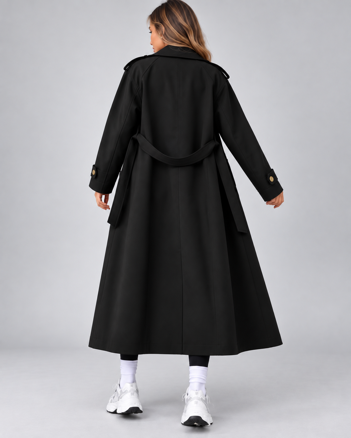 Black double breasted trench coat back
