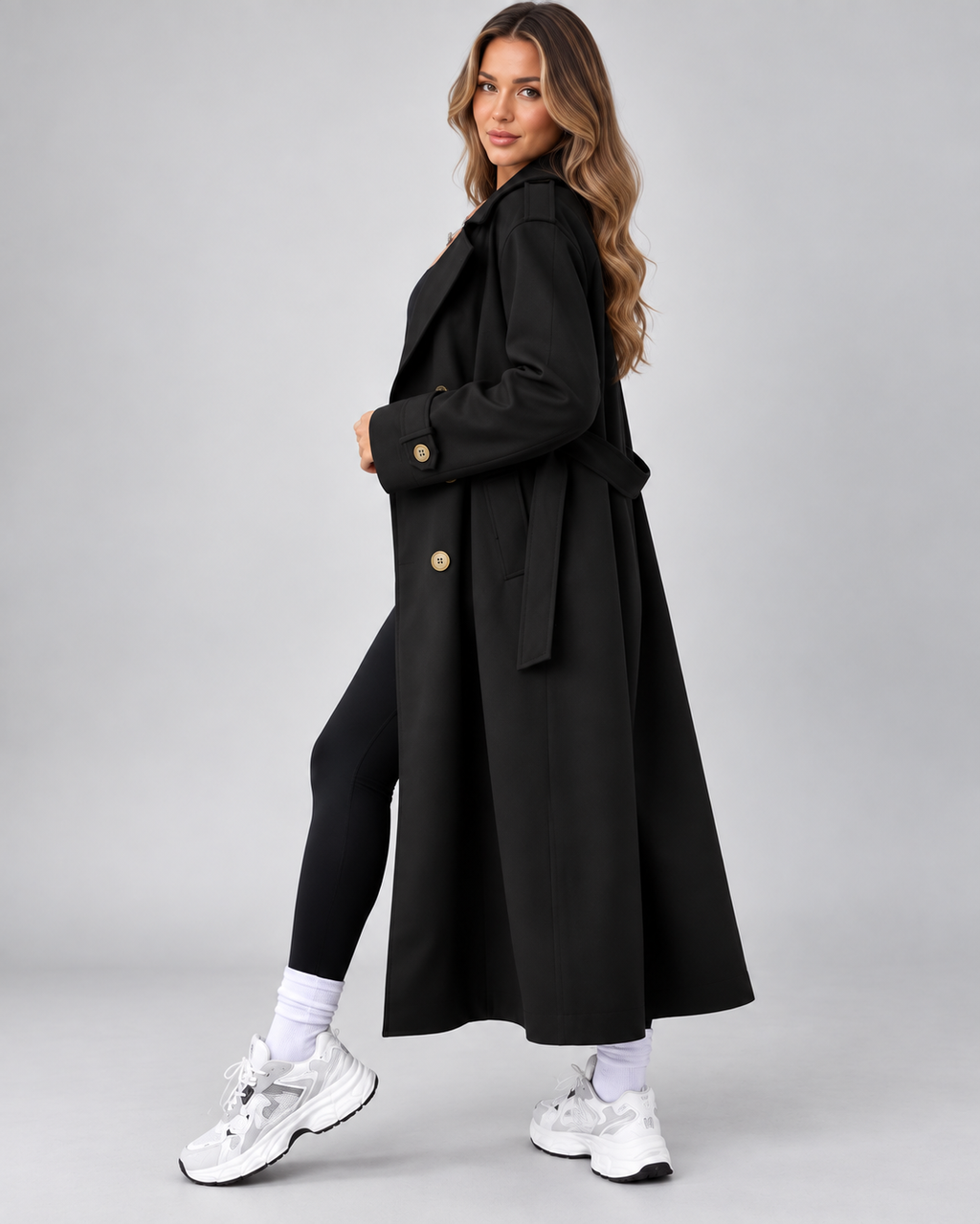 Black double breasted trench coat styled with leggings