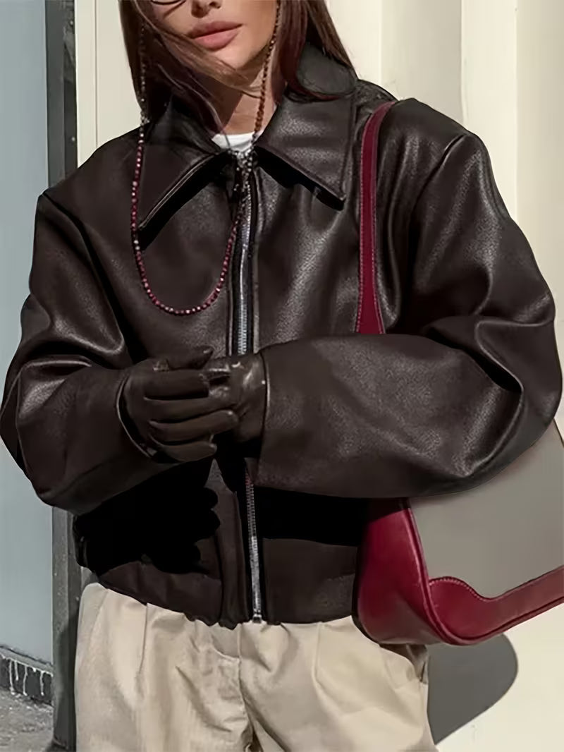 Women's Oversized Biker Jacket with Faux Leather Finish and Zip Front
