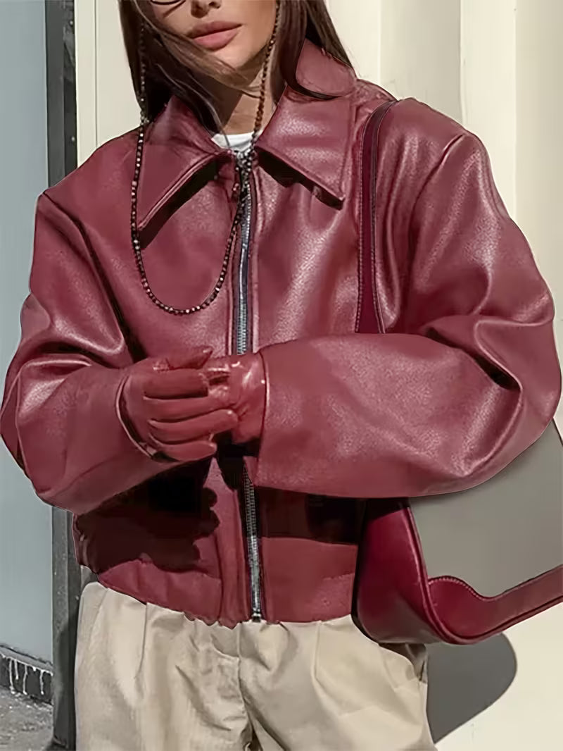 Women's Oversized Biker Jacket with Faux Leather Finish and Zip Front